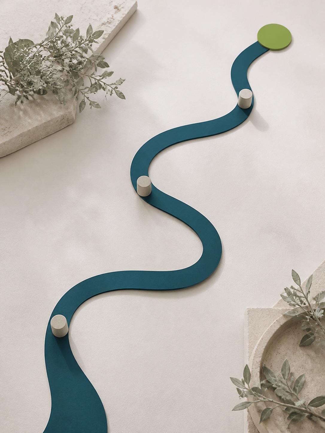 A winding blue-green path with small waypoints leading toward a fresh green destination.
